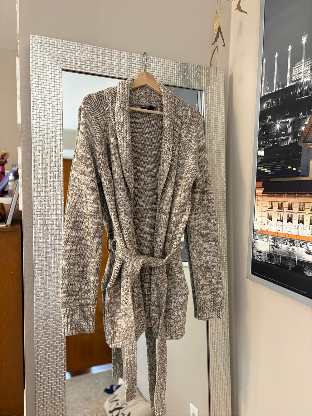 GAP Marled Taupe Open-Front Belted Cardigan